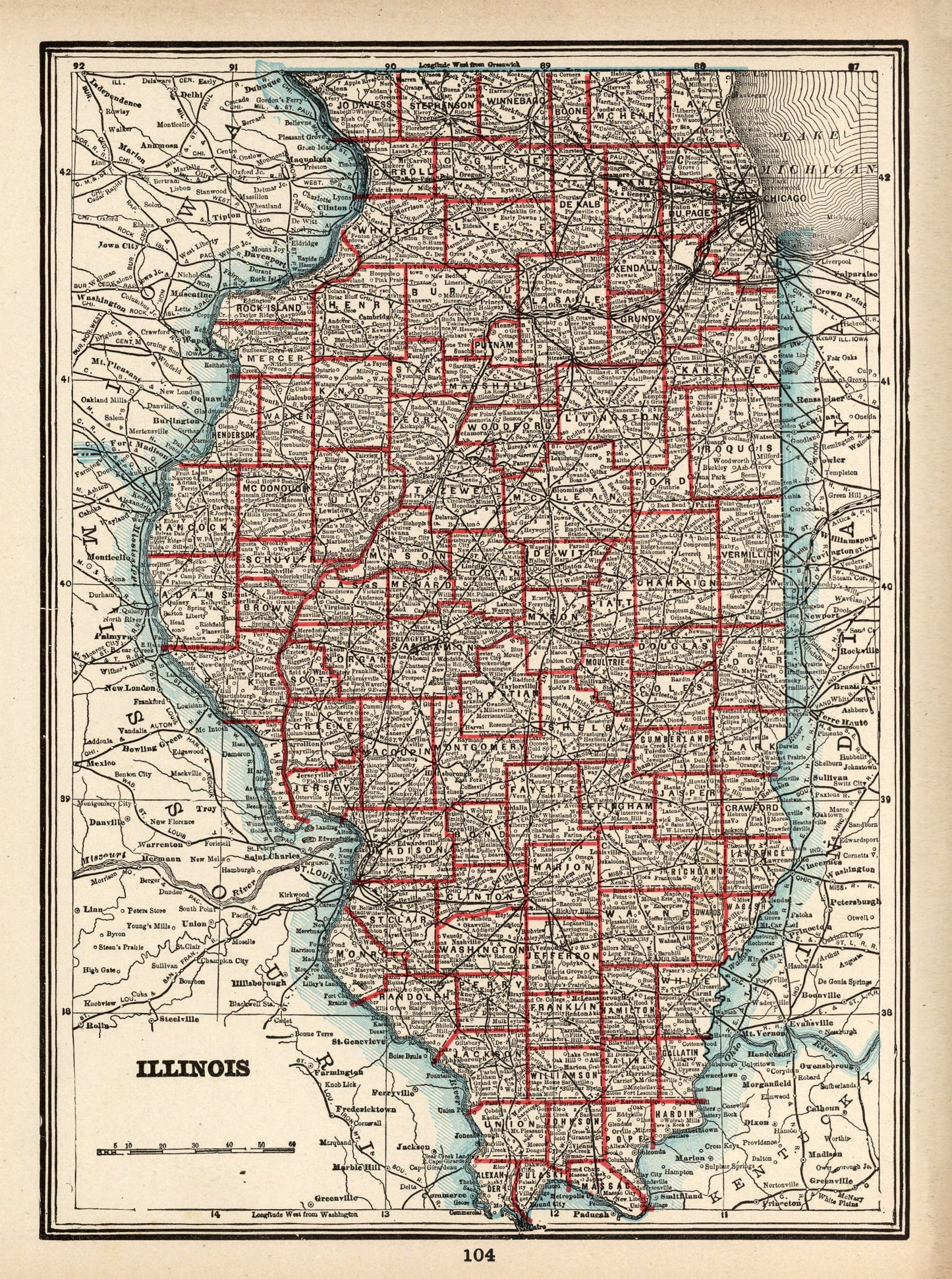 Vintage Map of Illinois 1893