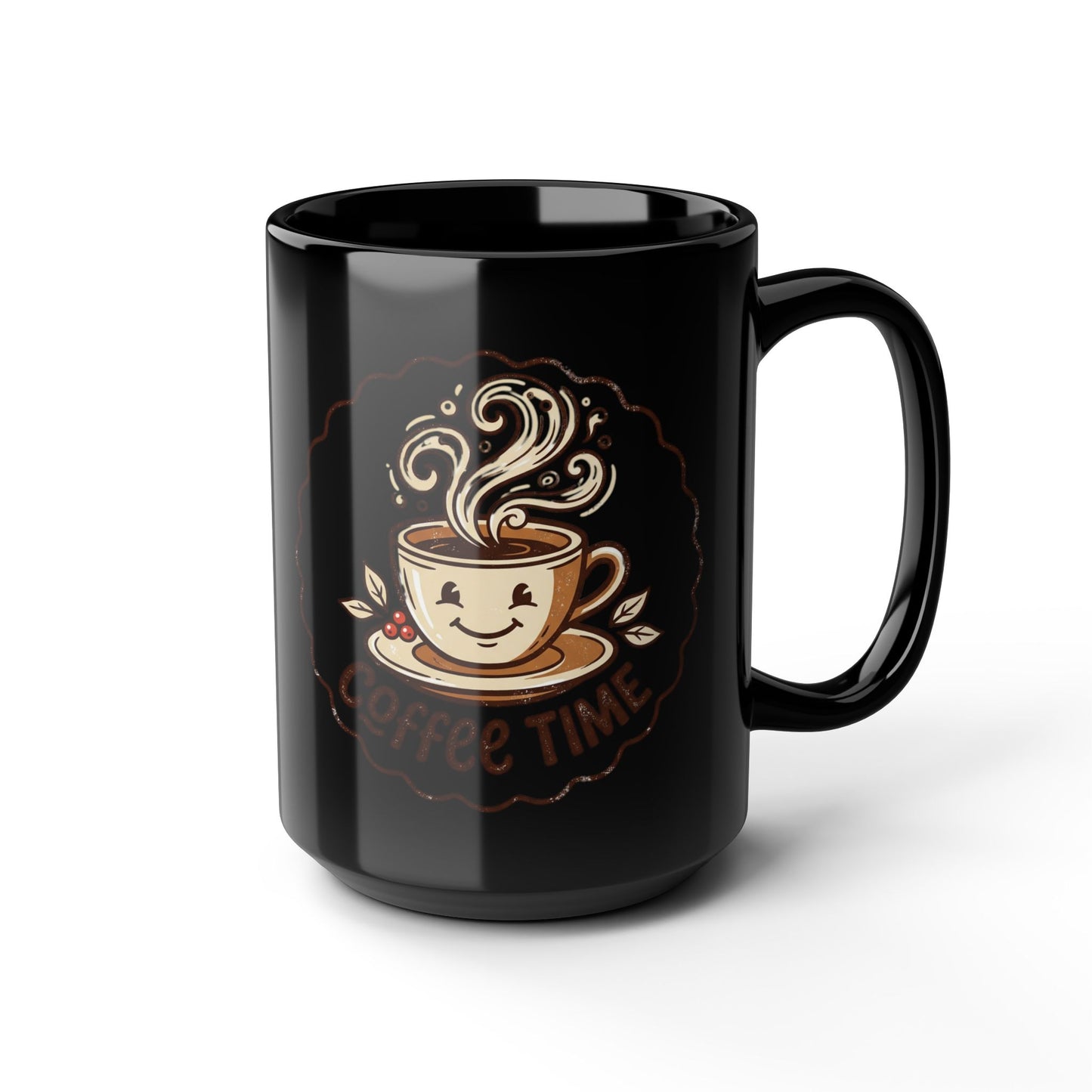 Coffee Time Black Mug – Cute Smiling Coffee Cup Ceramic Mug (11oz, 15oz)