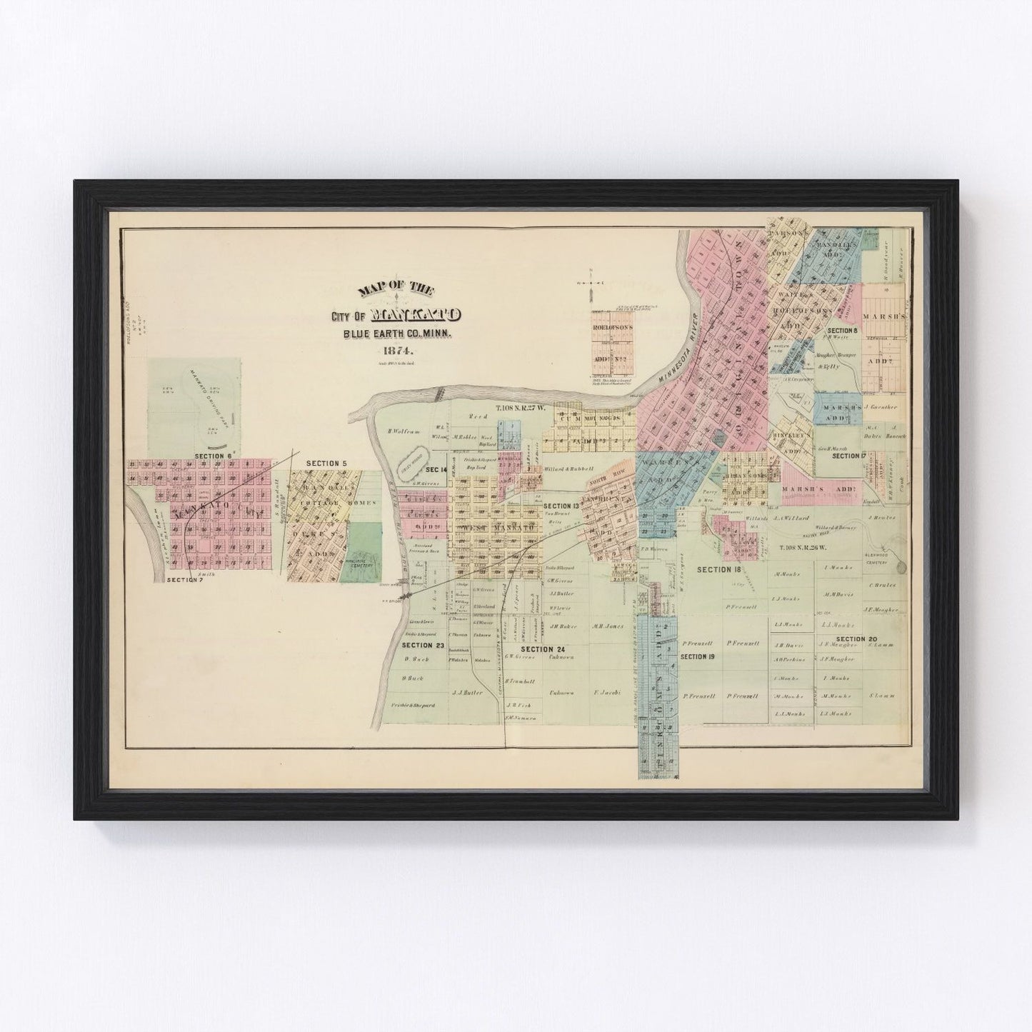 Vintage Map of Mankato, Minnesota 1874