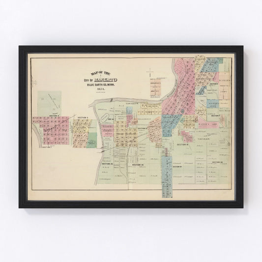 Vintage Map of Mankato, Minnesota 1874