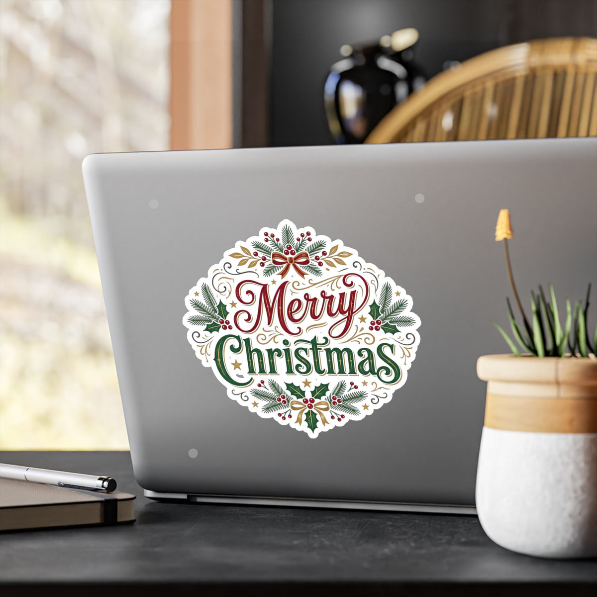 Merry Christmas Vinyl Decal — Holiday Wreath Sticker for Windows, Laptops & Gifts