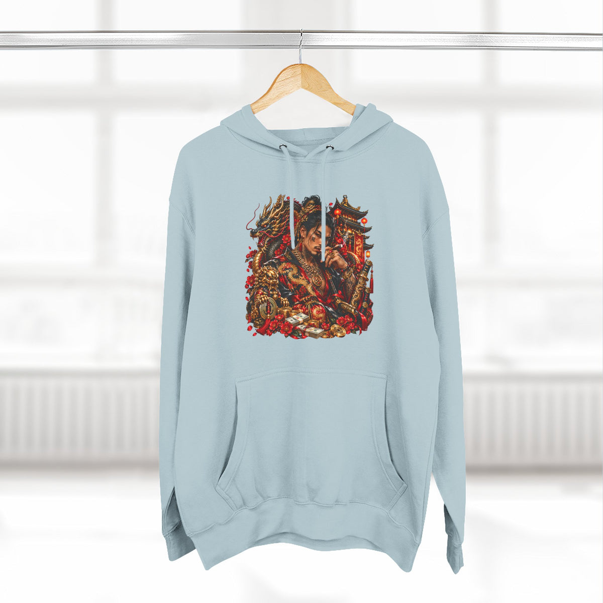Dragon Battle Hoodie — Three-Panel Fleece Hooded Sweatshirt with Fiery Fantasy Artwork