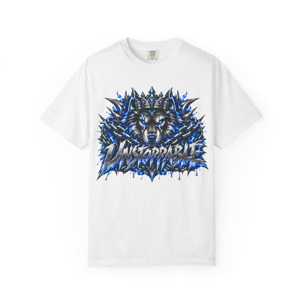 Wolf 'Unstoppable' Graphic Tee — Bold Blue Crowned Wolf Shirt
