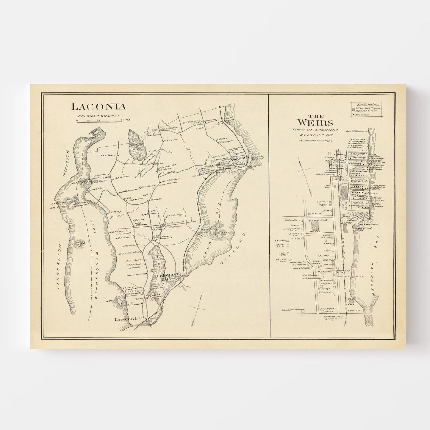 Vintage Map of Laconia, New Hampshire 1892
