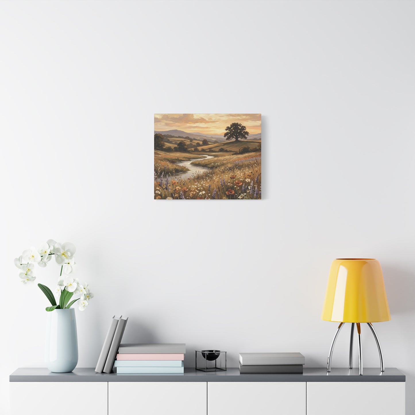 Golden Meadow River Canvas Wall Art — Stretched Matte Print