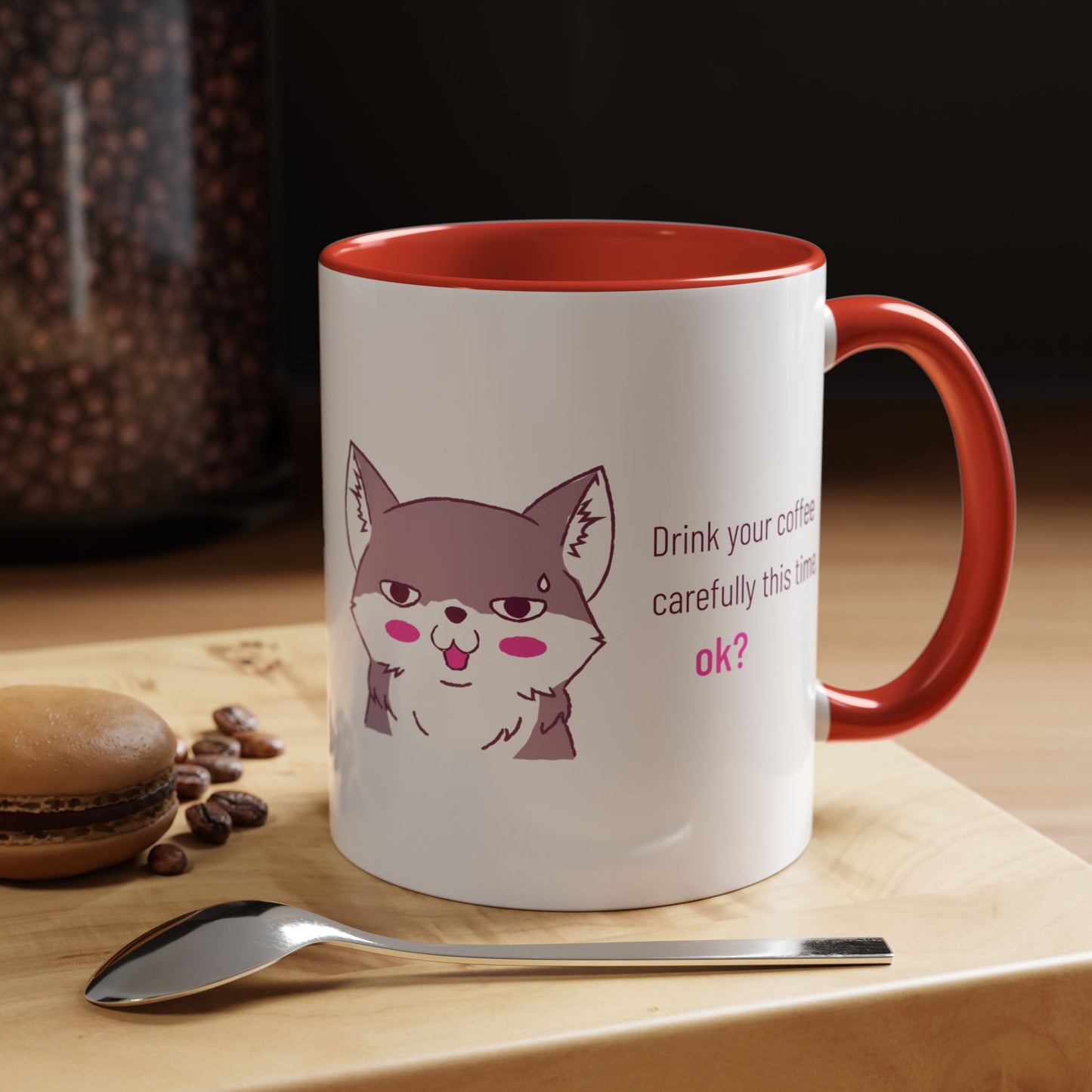 Accent Coffee Mug — Cute Shy Fox Design "Drink your coffee carefully this time, ok?"