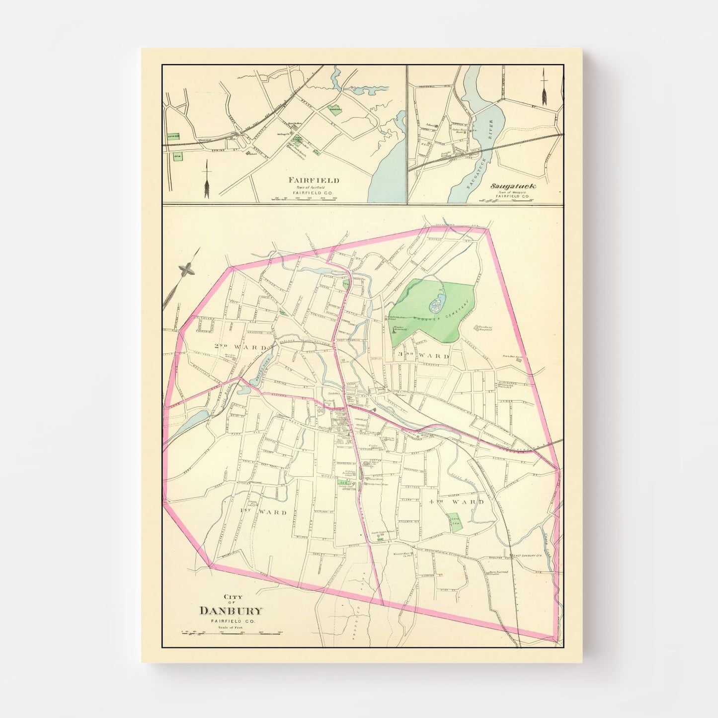 Vintage Map of Danbury, Connecticut 1893