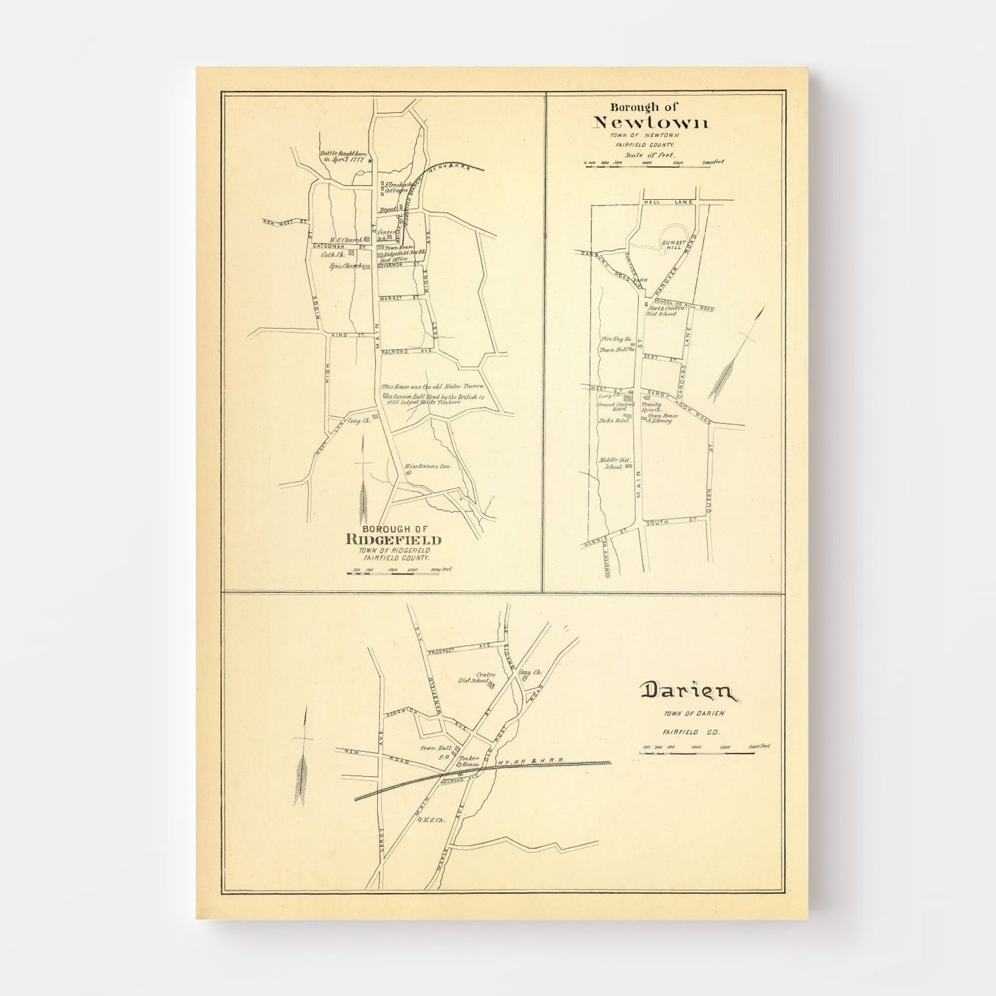 Vintage Map of Newtown, Connecticut 1893