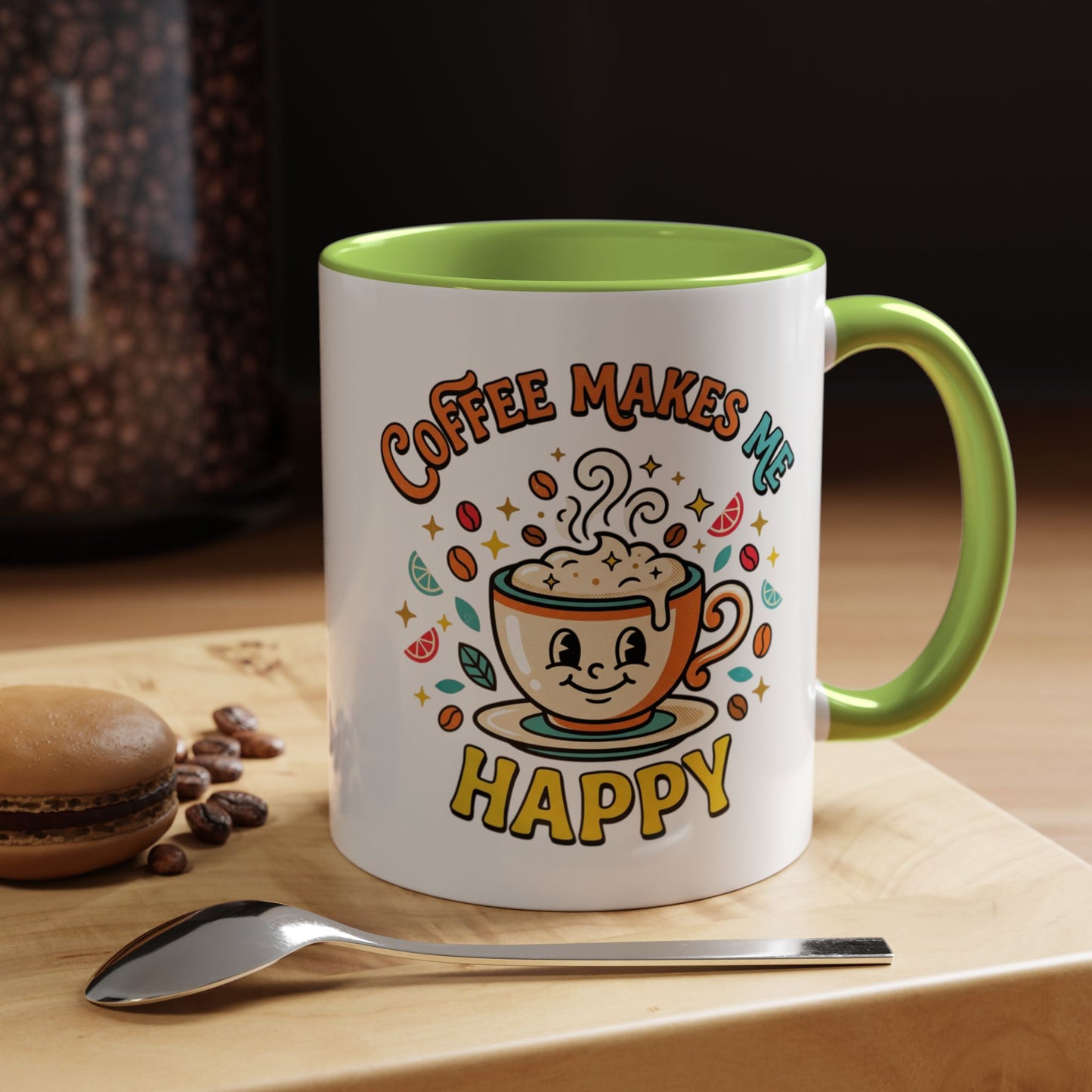 Coffee Mug — "Coffee Makes Me Happy" Cute Retro Accent Mug (11/15oz)