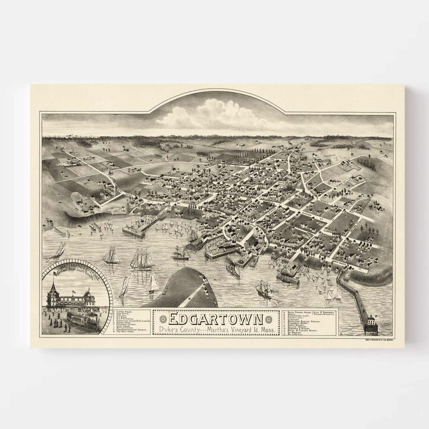 Vintage Map of Edgartown, Massachusetts 1886
