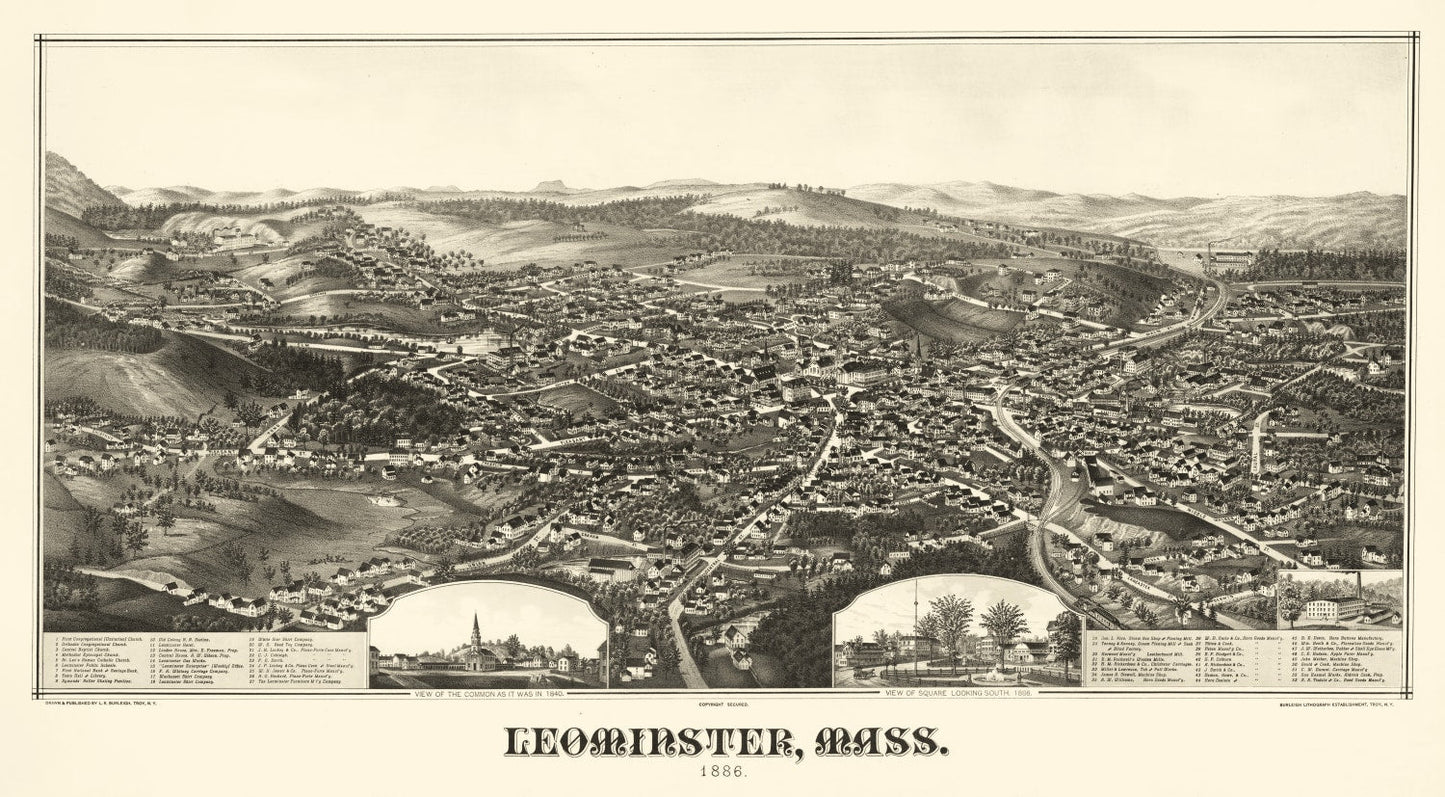 Vintage Map of Leominster, Massachusetts 1886
