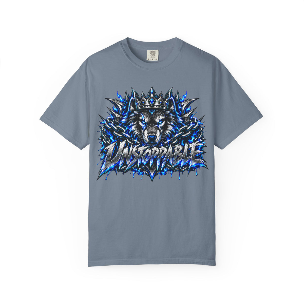 Wolf 'Unstoppable' Graphic Tee — Bold Blue Crowned Wolf Shirt