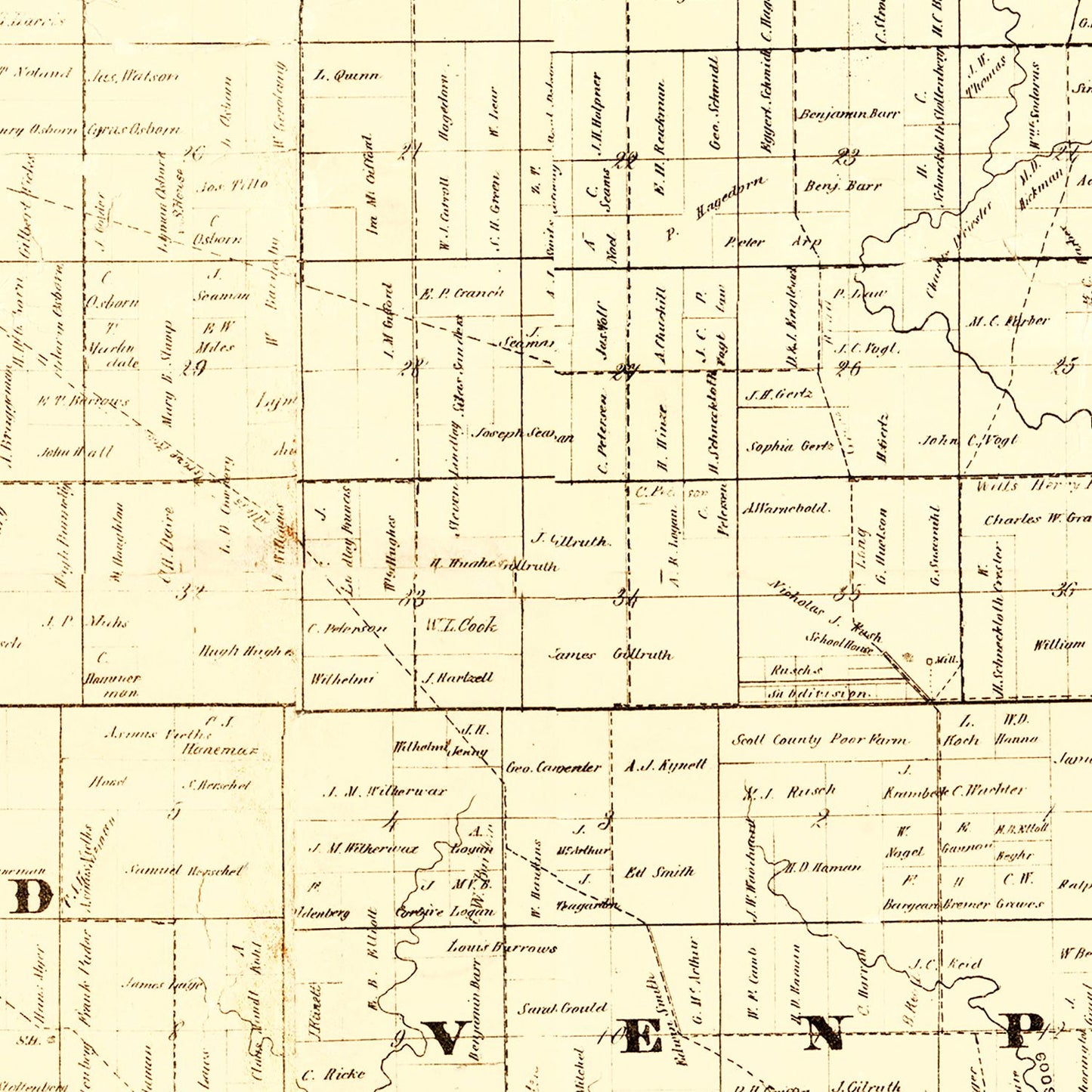 Vintage Map of Scott County, Iowa 1860