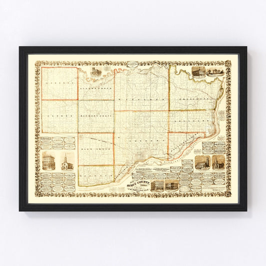 Vintage Map of Scott County, Iowa 1860