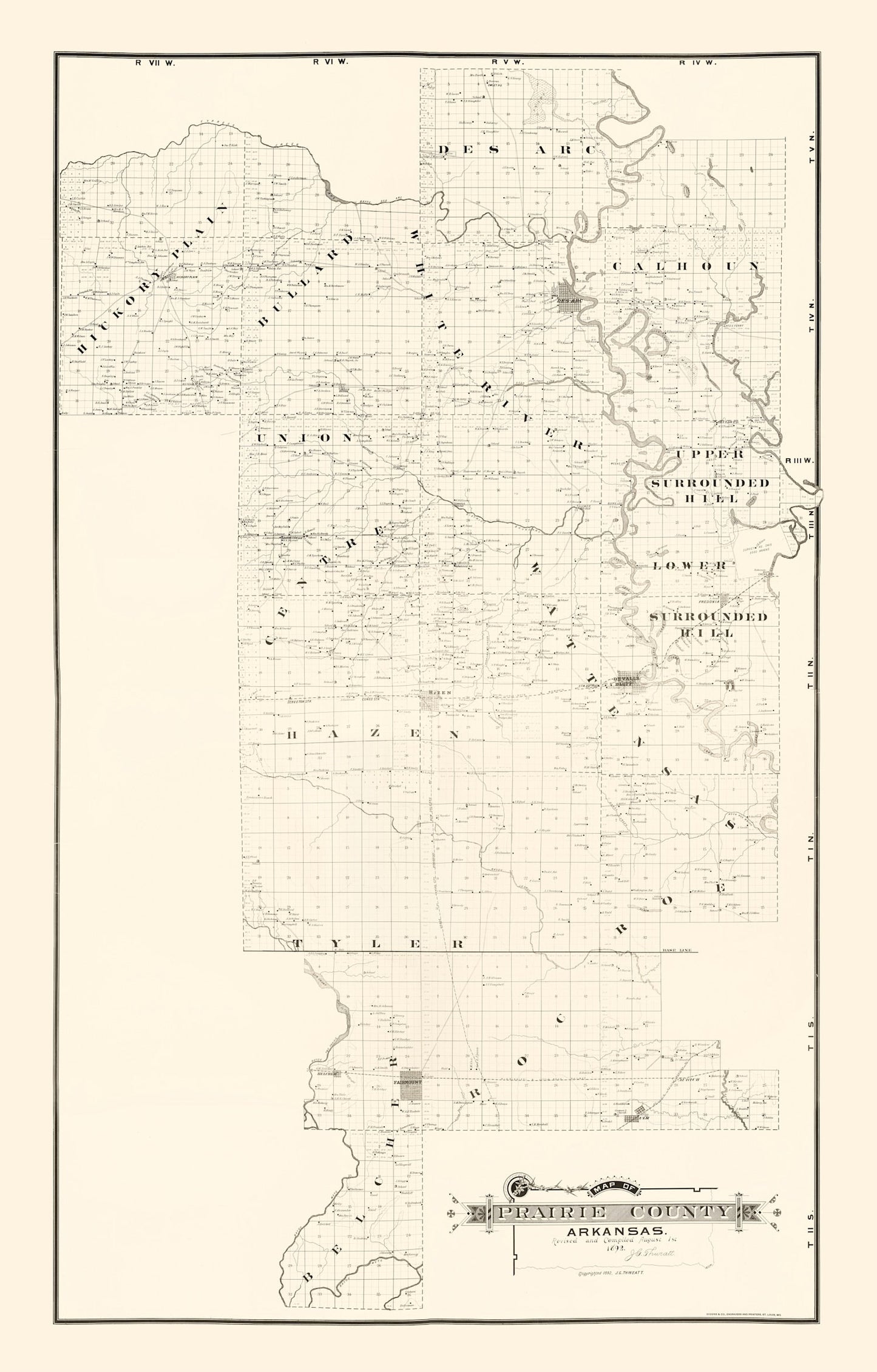 Vintage Map of Prairie County, Arkansas 1892