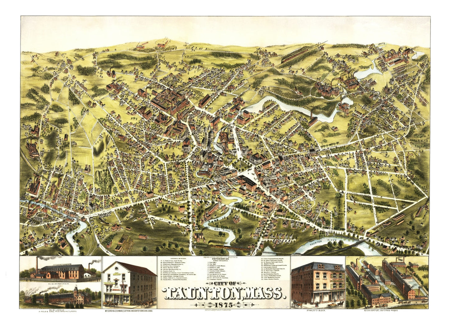 Vintage Map of Taunton, Massachusetts 1875