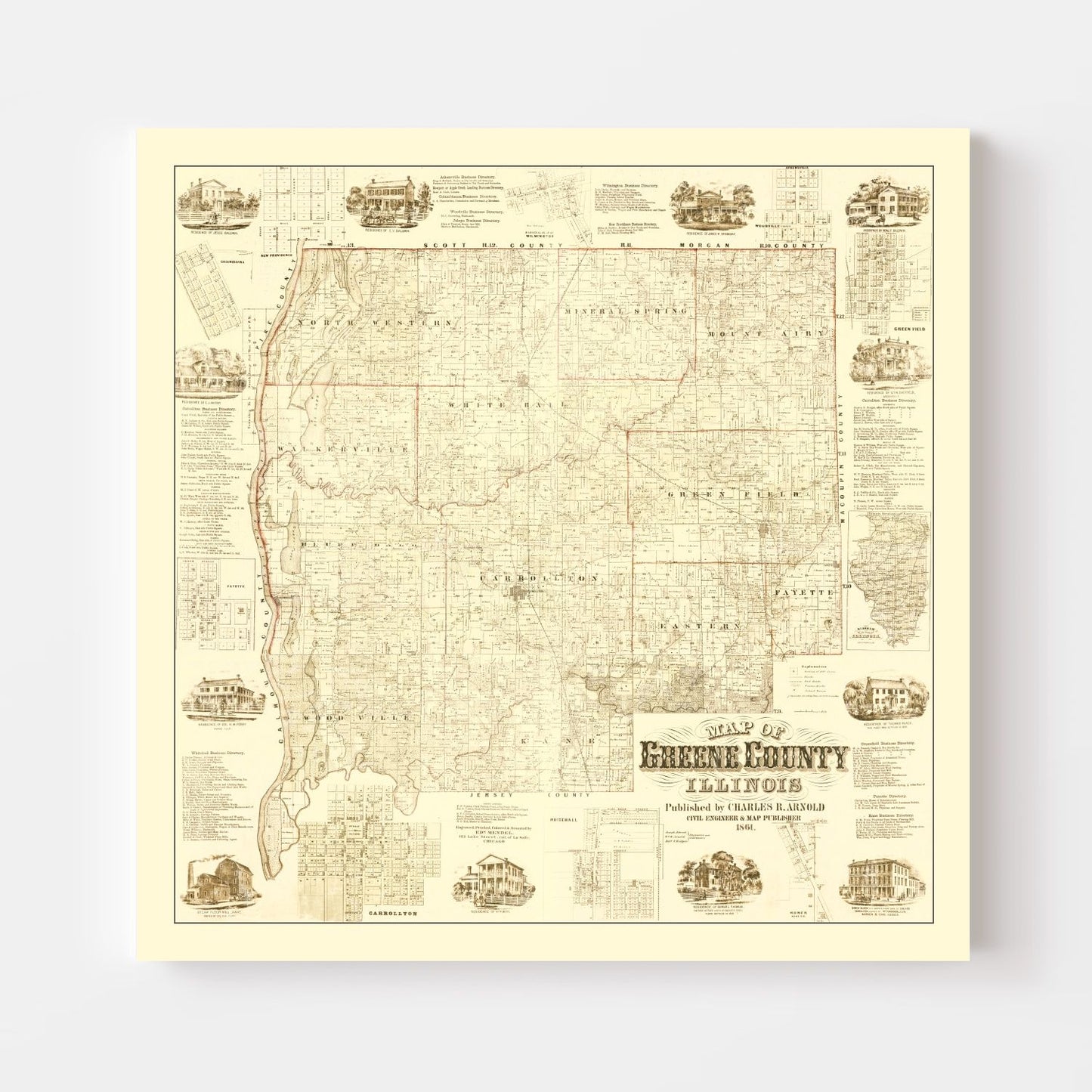 Vintage Map of Greene County, Illinois 1861