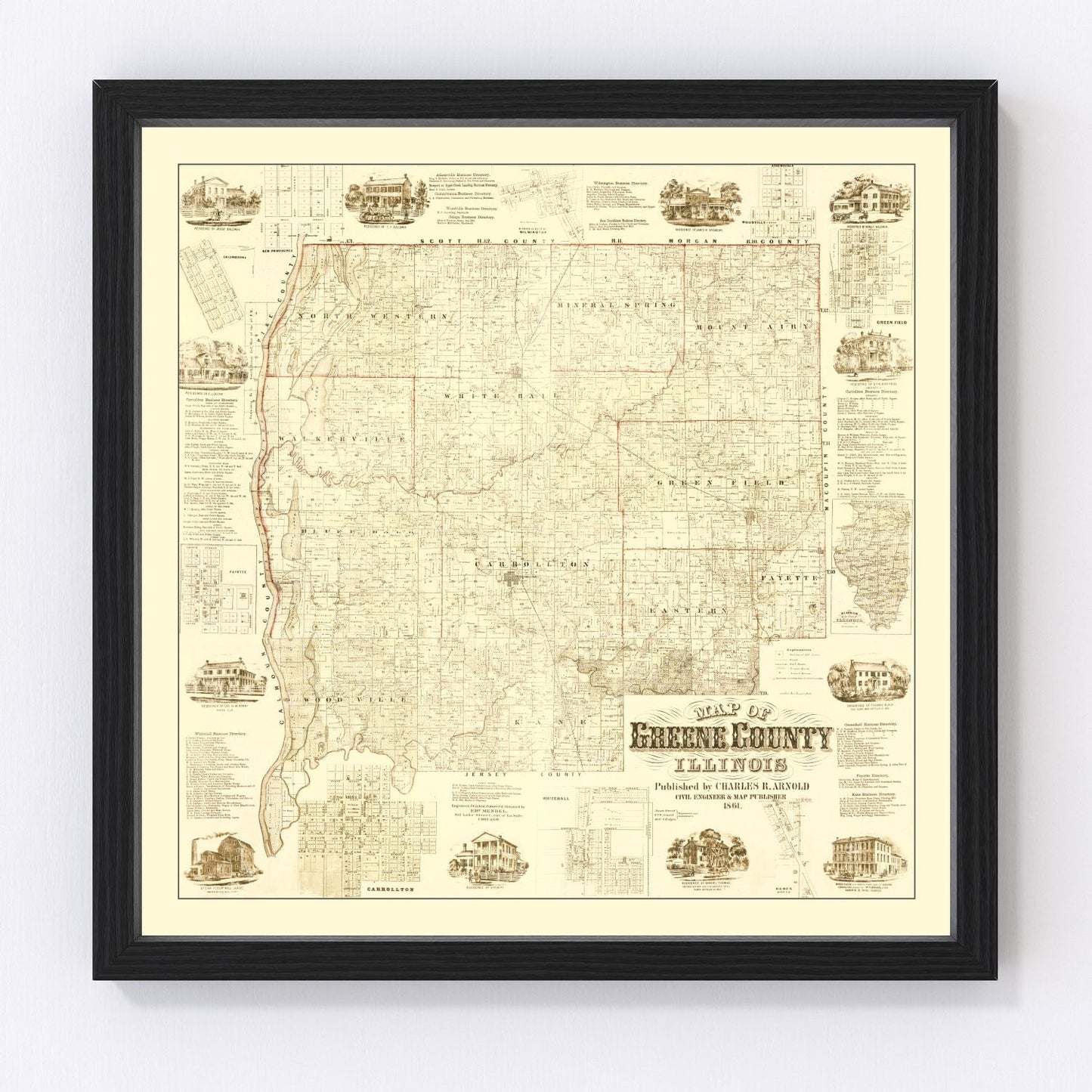 Vintage Map of Greene County, Illinois 1861