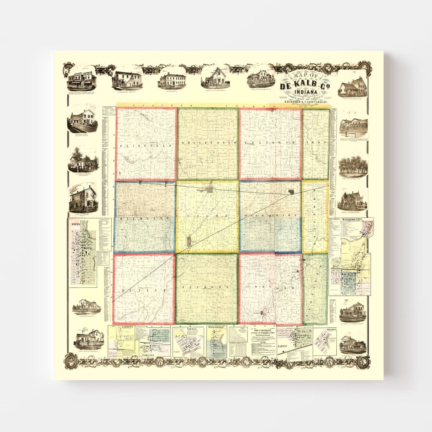 Vintage Map of Dekalb County, Indiana 1863