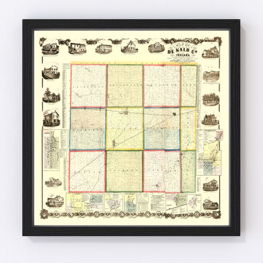 Vintage Map of Dekalb County, Indiana 1863