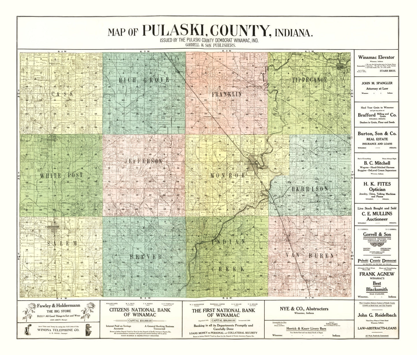 Vintage Map of Pulaski County, Indiana 1907