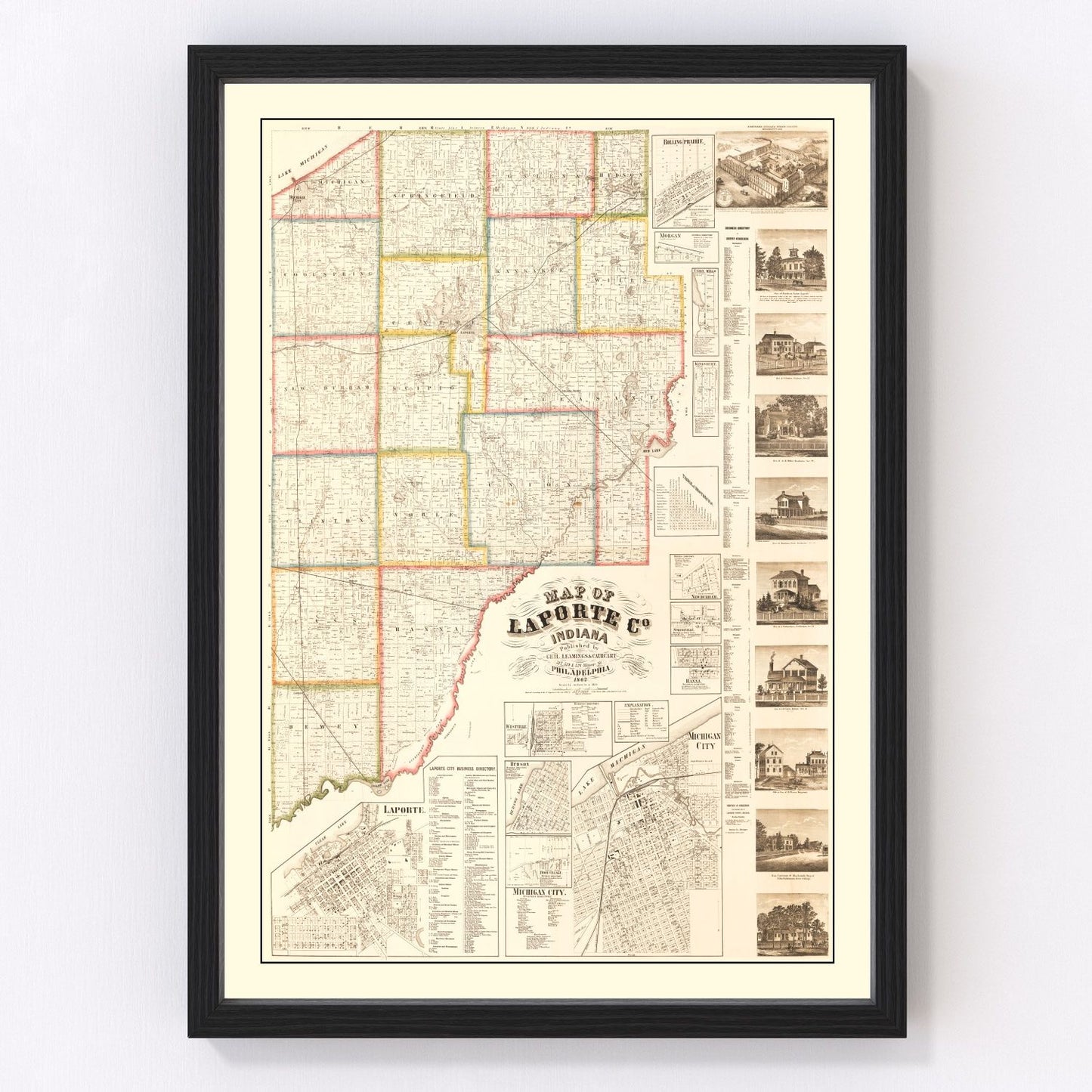 Vintage Map of La Porte County, Indiana 1866