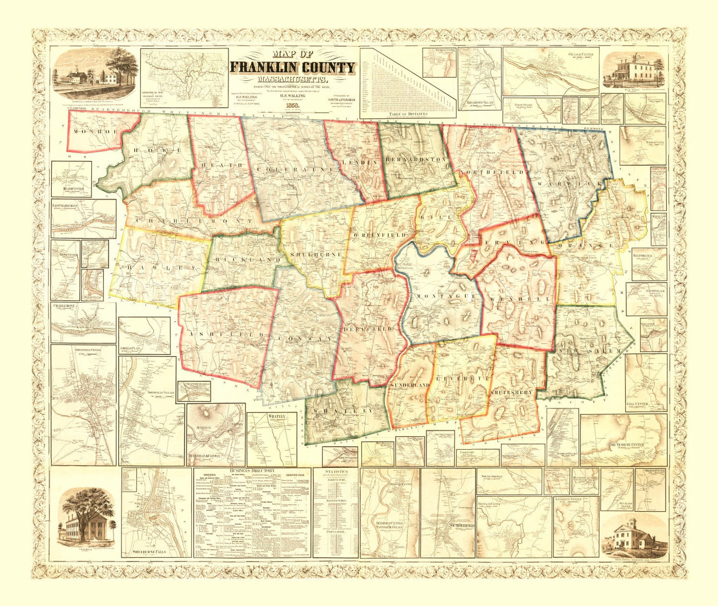Vintage Map of Franklin County, Massachusetts 1858