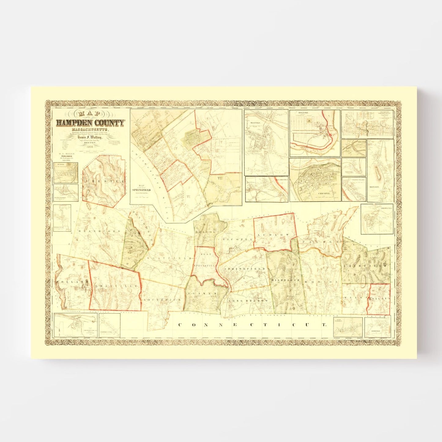 Vintage Map of Hampden County, Massachusetts 1855