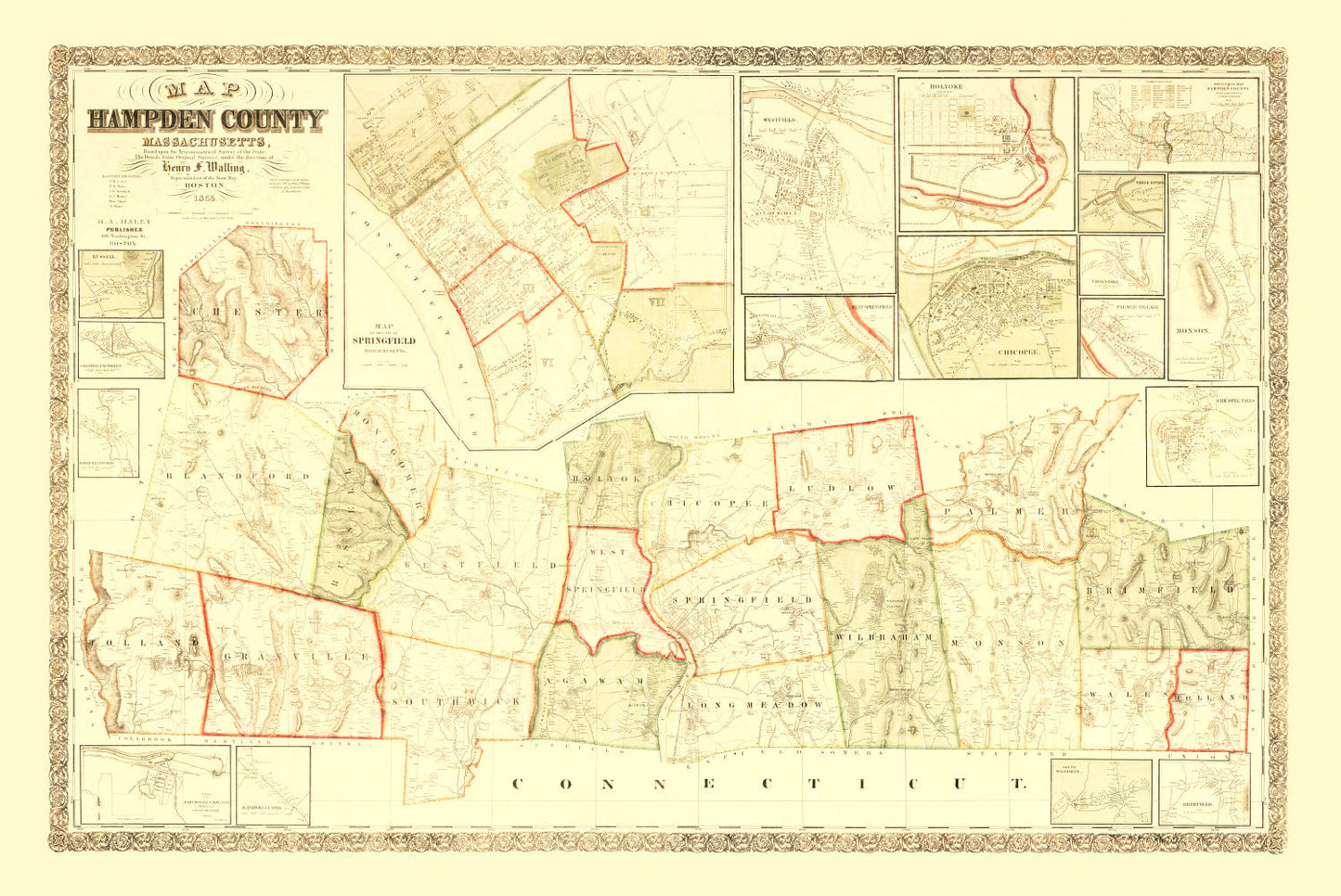 Vintage Map of Hampden County, Massachusetts 1855