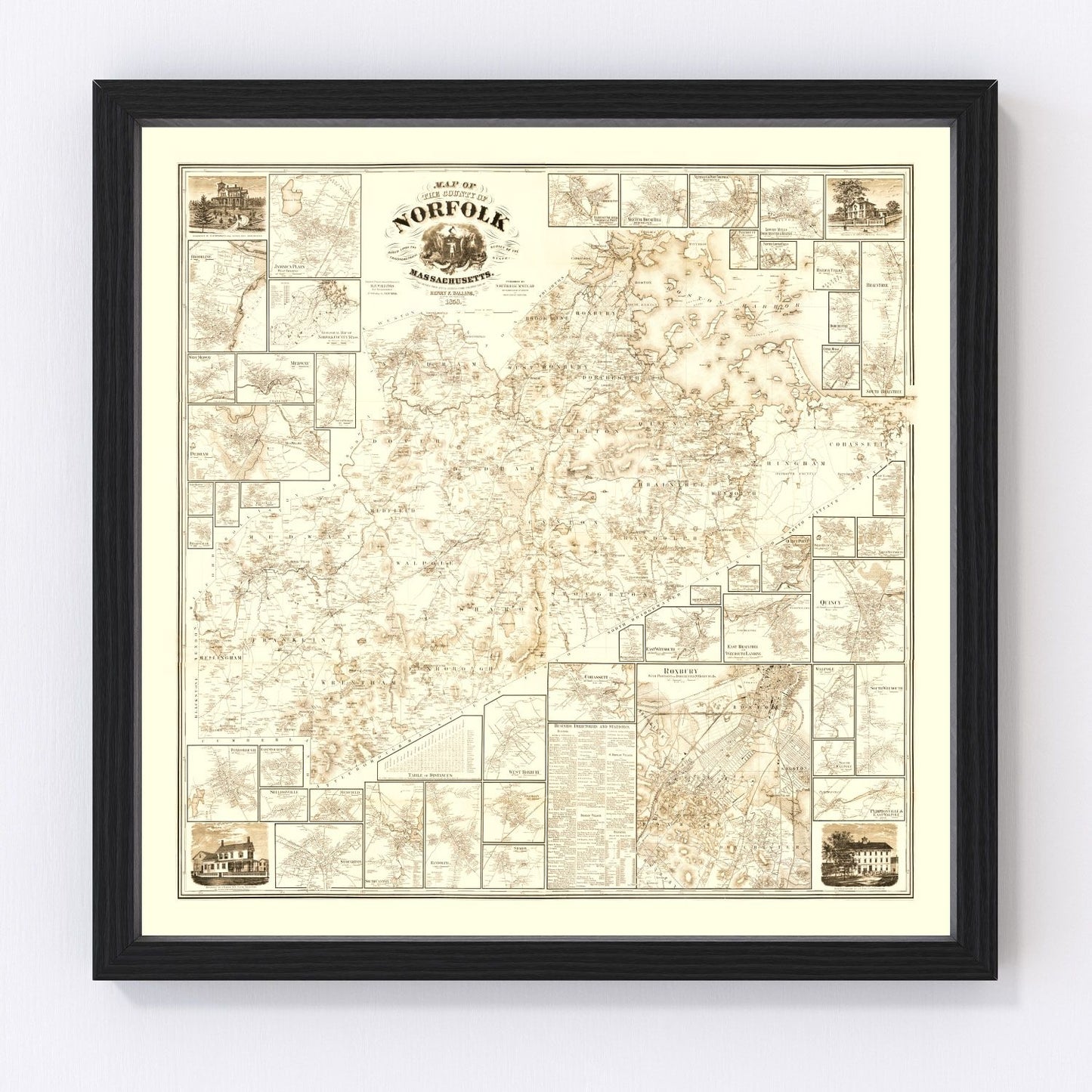 Vintage Map of Norfolk County, Massachusetts 1858