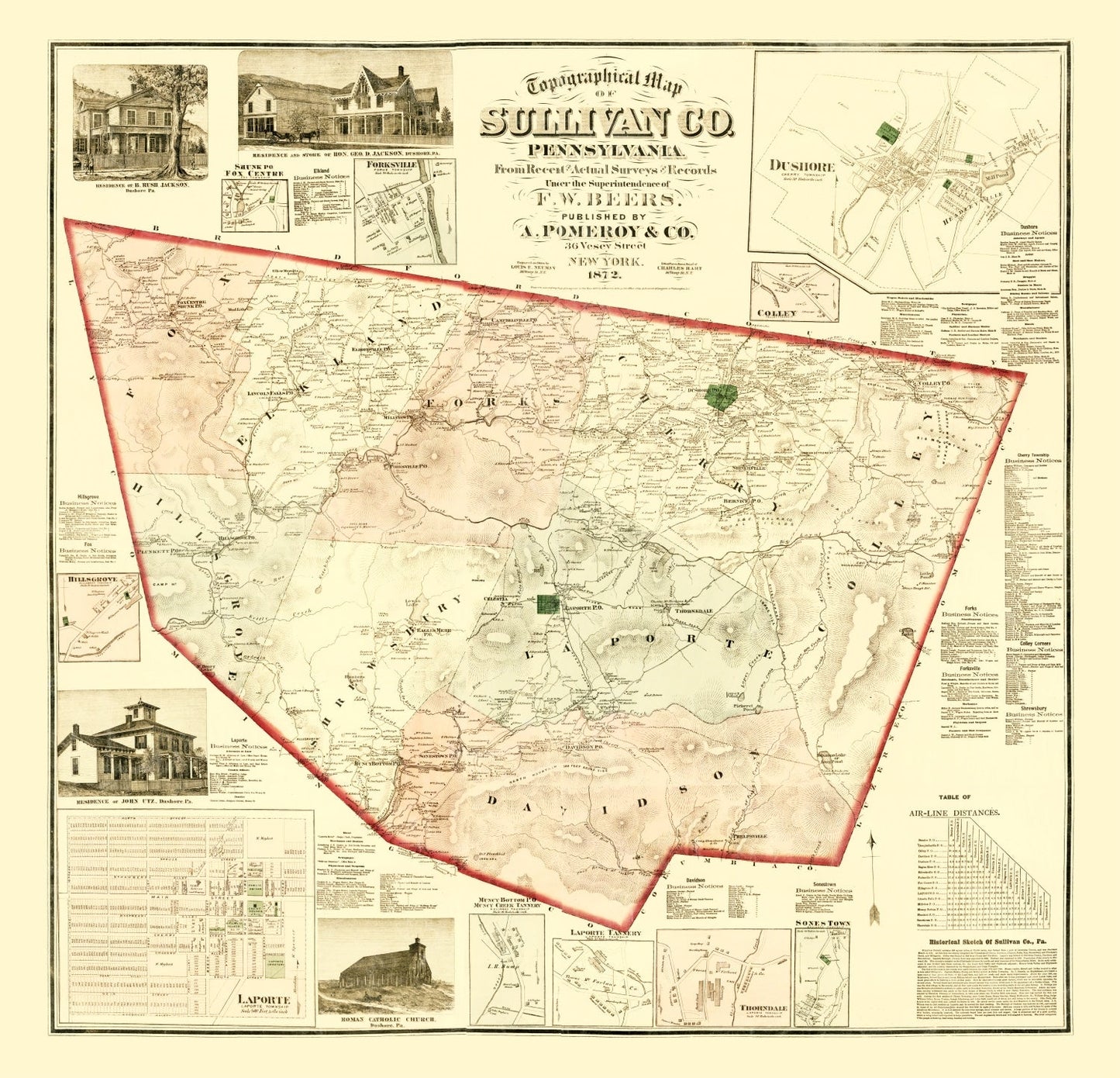 Vintage Map of Sullivan County, Pennsylvania 1872