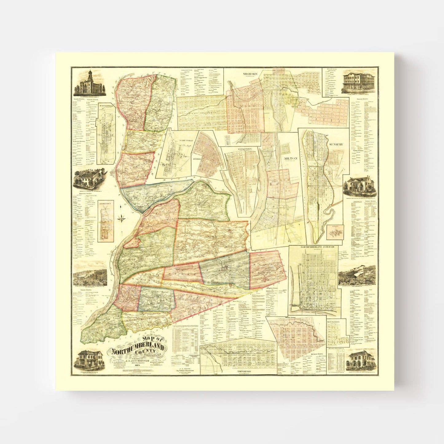 Vintage Map of Northumberland County, Pennsylvania 1874