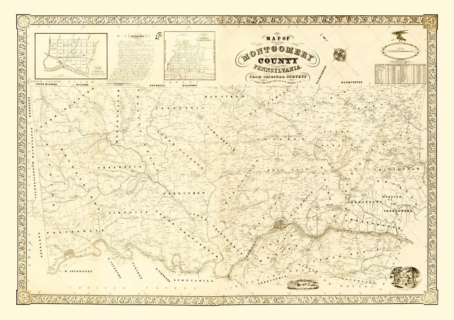Vintage Map of Montgomery County, Pennsylvania 1849
