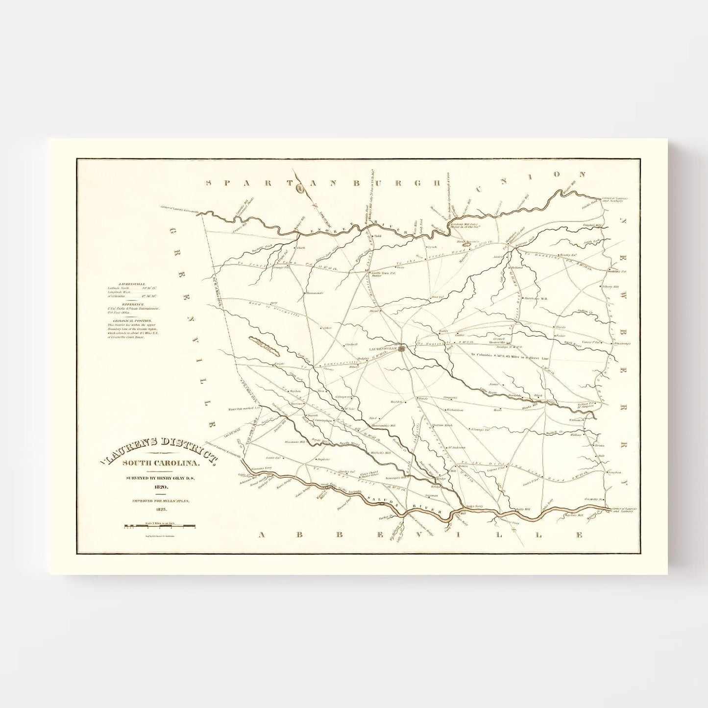 Vintage Map of Laurens County, South Carolina 1825
