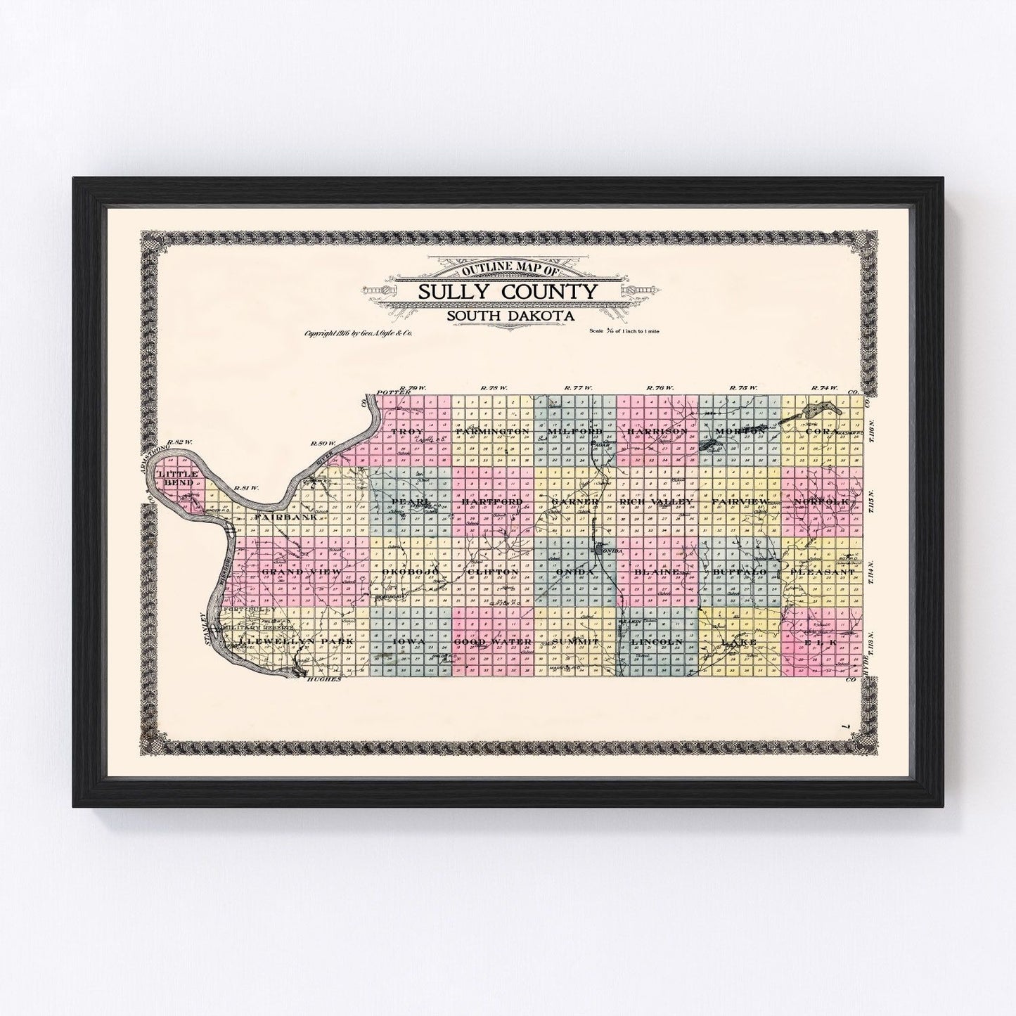 Vintage Map of Sully County, South Dakota 1916