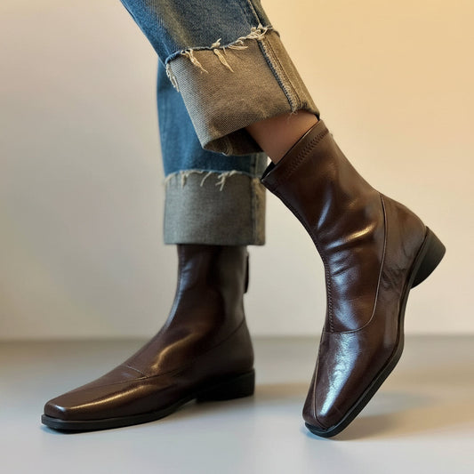 Women's French Retro Genuine Leather Square Toe Block Heel Ankle Boots