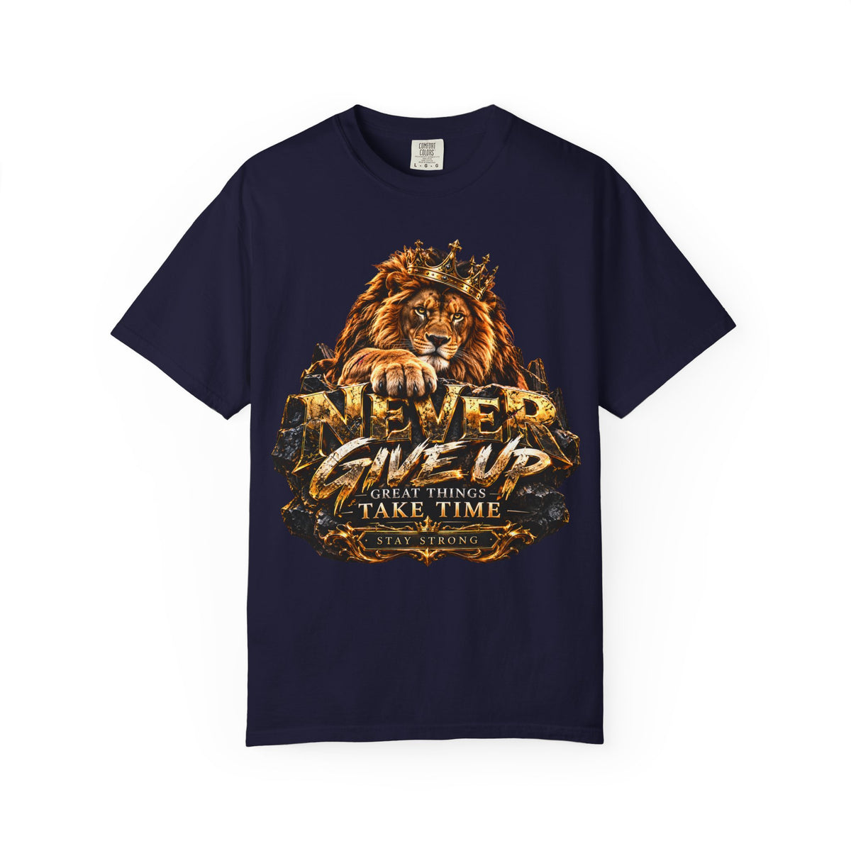 Lion Graphic T-Shirt — "Never Give Up: Great Things Take Time" Motivational Tee