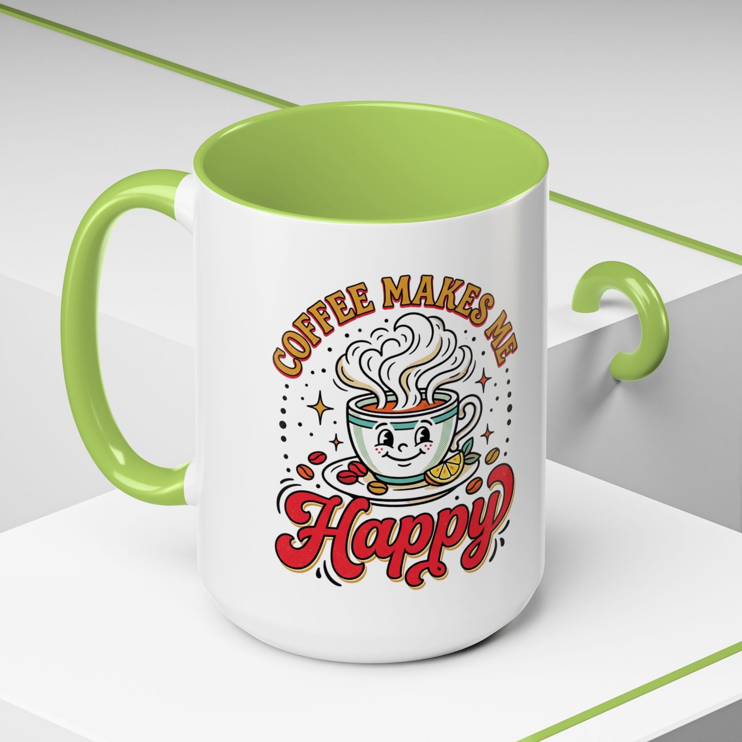 Coffee Mug — "Coffee Makes Me Happy" Cute Retro Accent Mug (11/15oz)