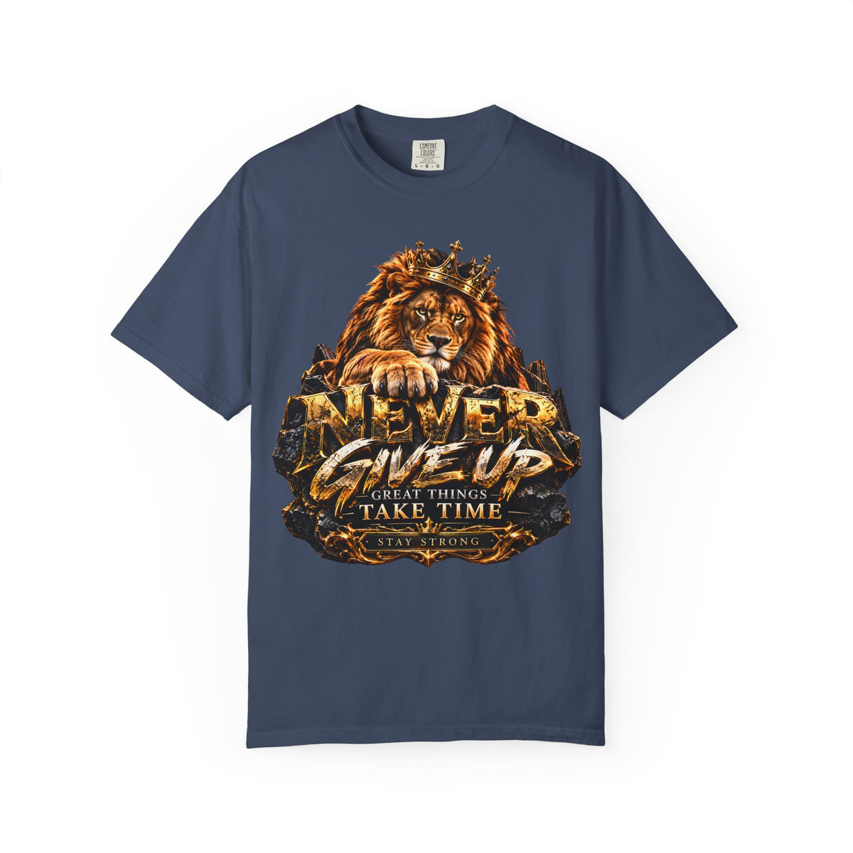 Lion Graphic T-Shirt — "Never Give Up: Great Things Take Time" Motivational Tee