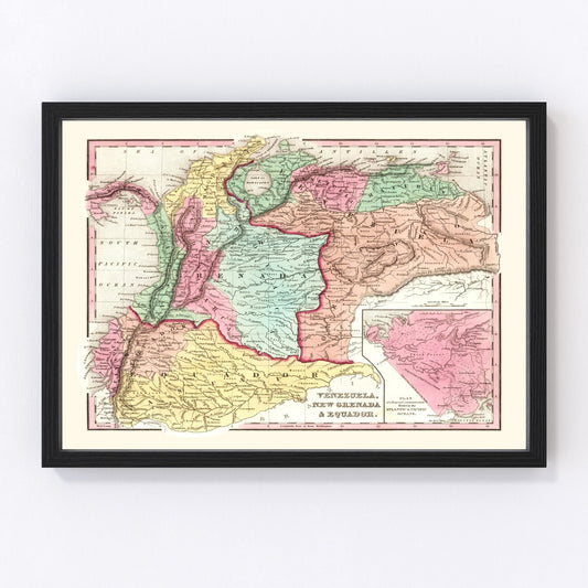 Vintage Map of Colombia, Venezuela And Ecuador 1842