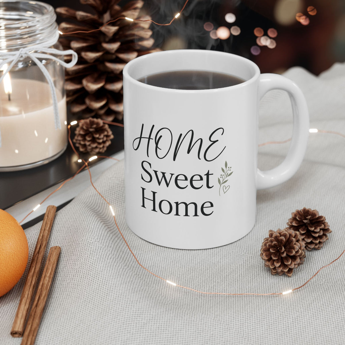 Home Sweet Home Ceramic Mug — Cozy Script Coffee Cup (11oz & 15oz)