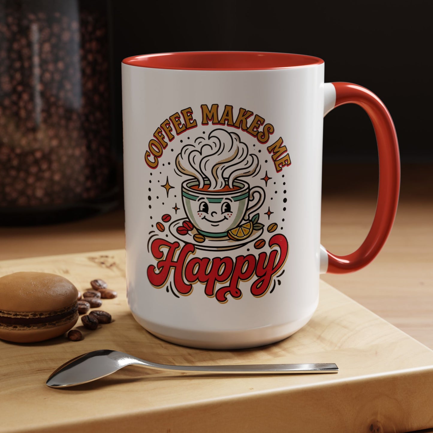 Coffee Mug — "Coffee Makes Me Happy" Cute Retro Accent Mug (11/15oz)
