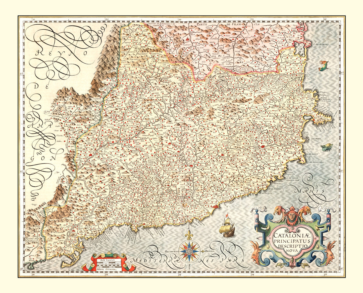 Vintage Map of Catalonia Spain , 1623