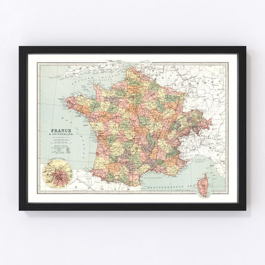 Vintage Map of France And Switzerland 1871