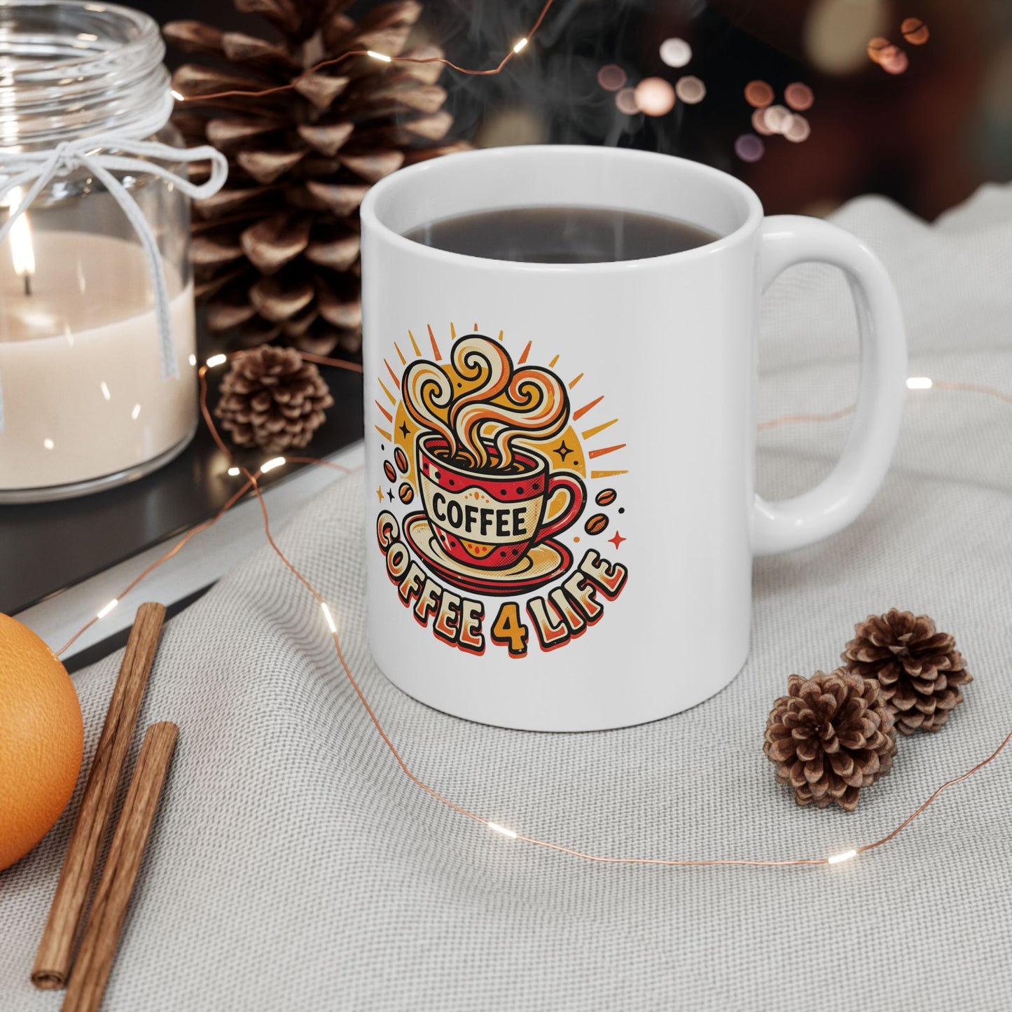 Coffee Mug - Retro 'Coffee 4 Life' Ceramic Mug, 11oz & 15oz