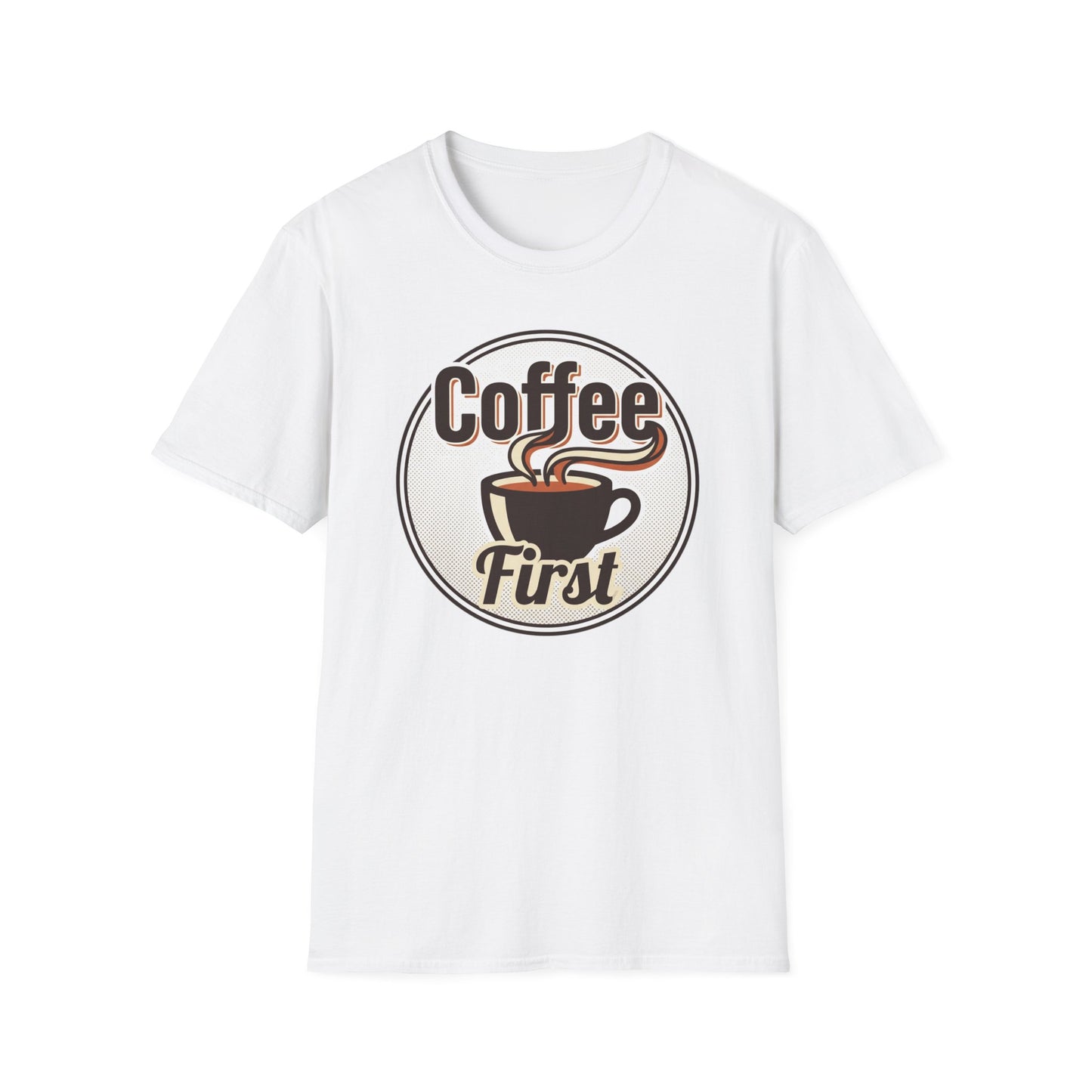 Coffee First T-Shirt — Retro Coffee Cup Graphic Tee for Coffee Lovers