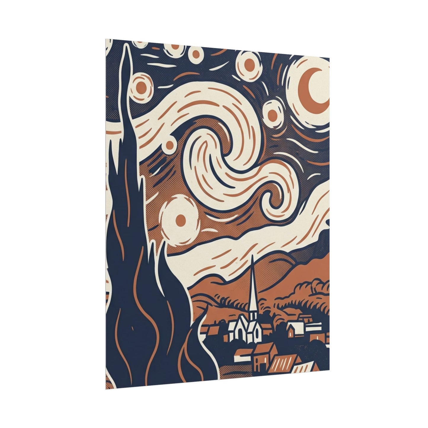 Starry Night-Inspired Rolled Poster — Vintage Blue & Tan Landscape Art Print