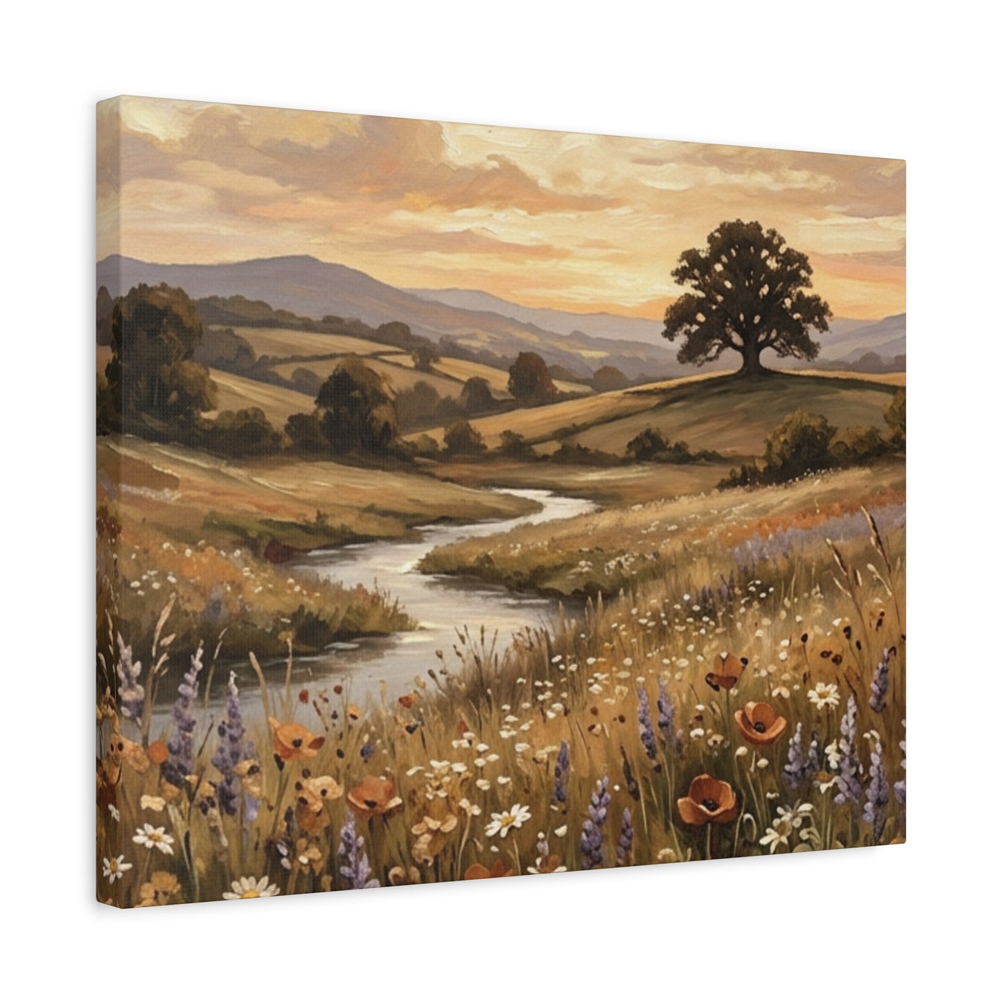 Golden Meadow River Canvas Wall Art — Stretched Matte Print