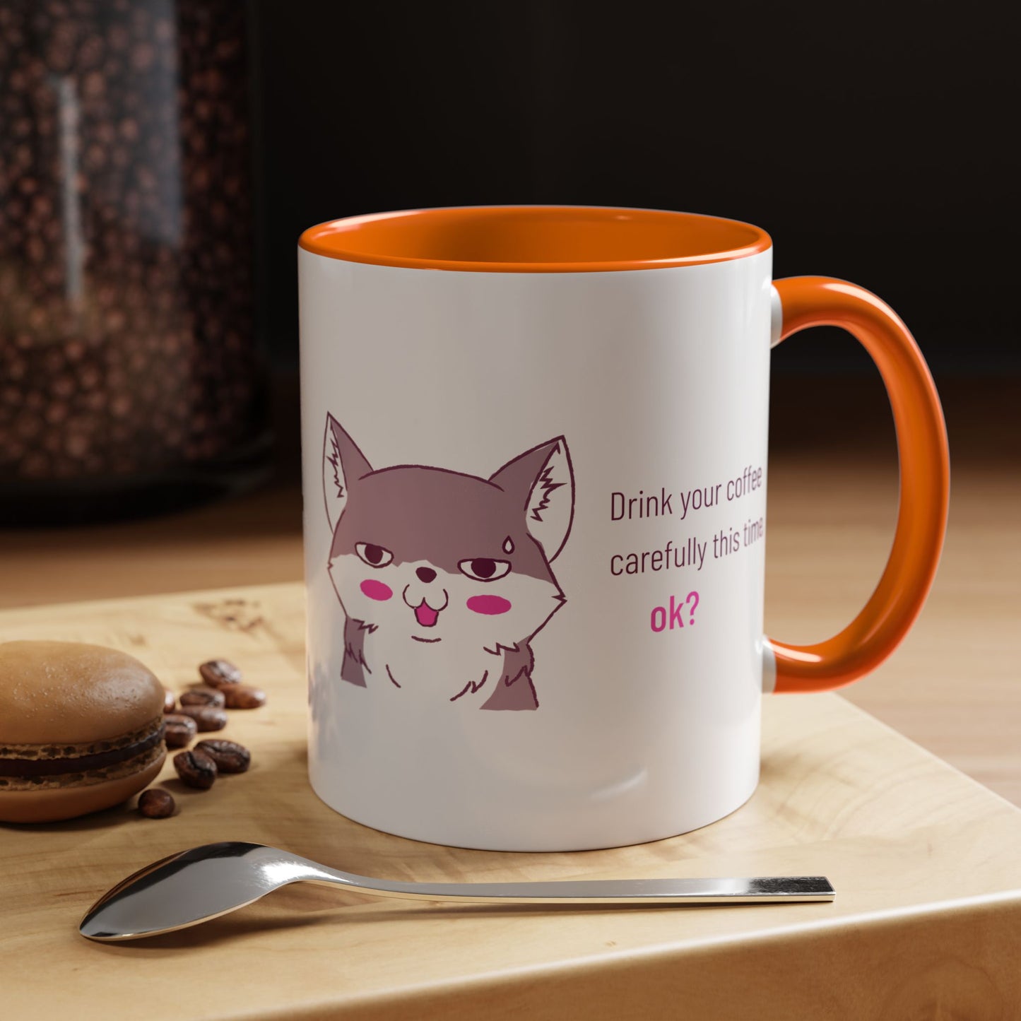Accent Coffee Mug — Cute Shy Fox Design "Drink your coffee carefully this time, ok?"