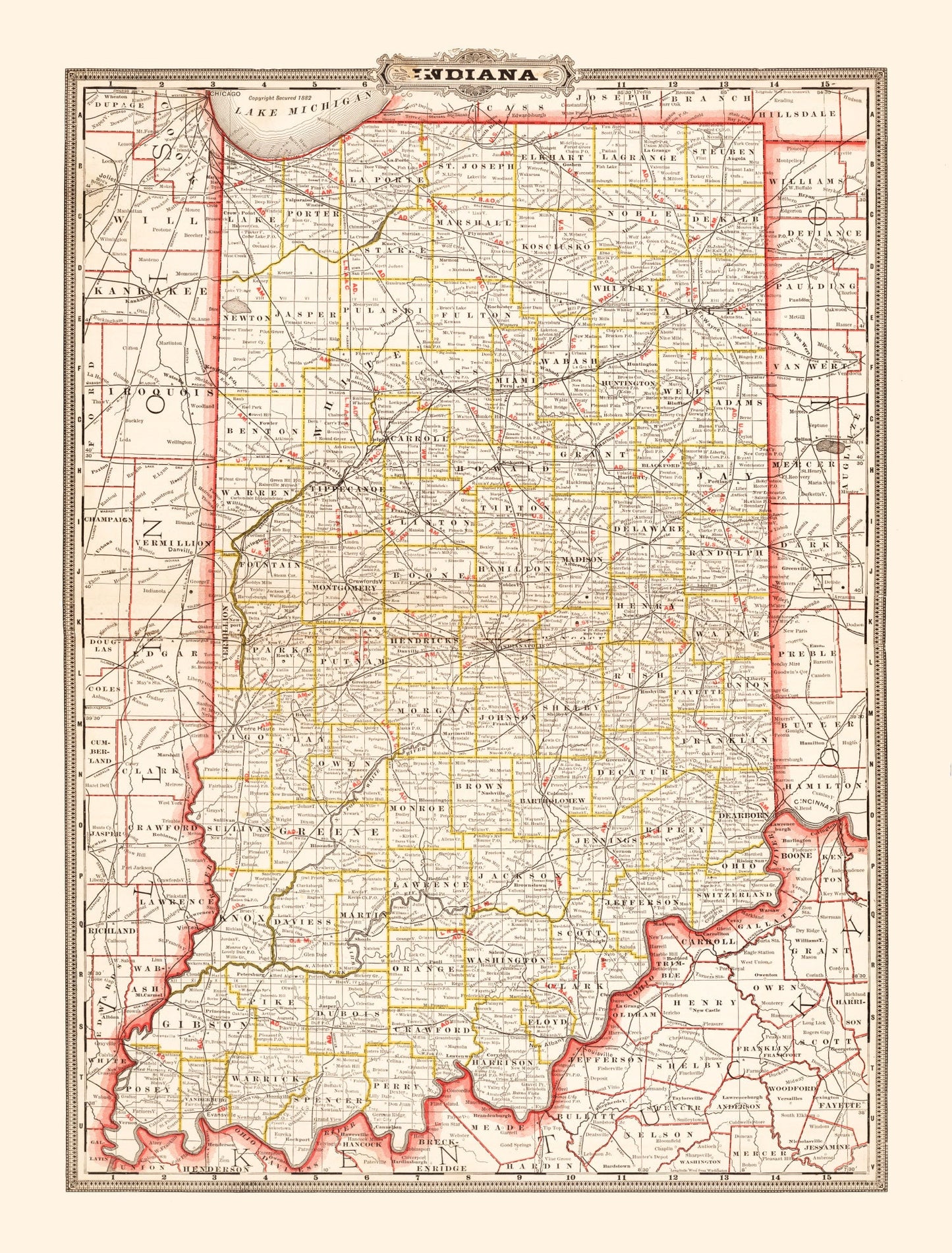 Vintage Map of Indiana 1882